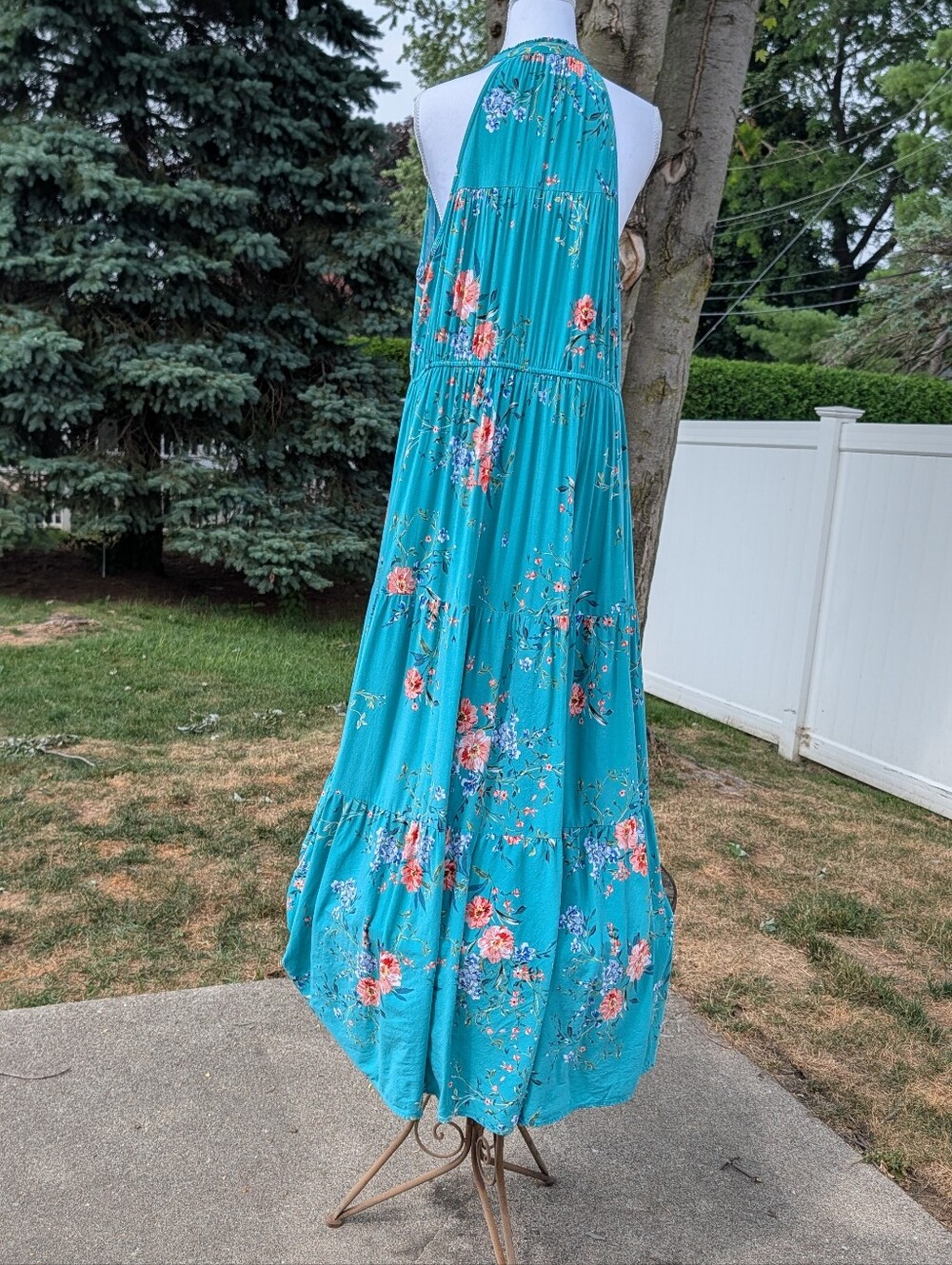 Maxi Dress Lauren Conrad Floral 100% Rayon Size XL Halter Top Sleeveless Teal - Picture 4 of 10